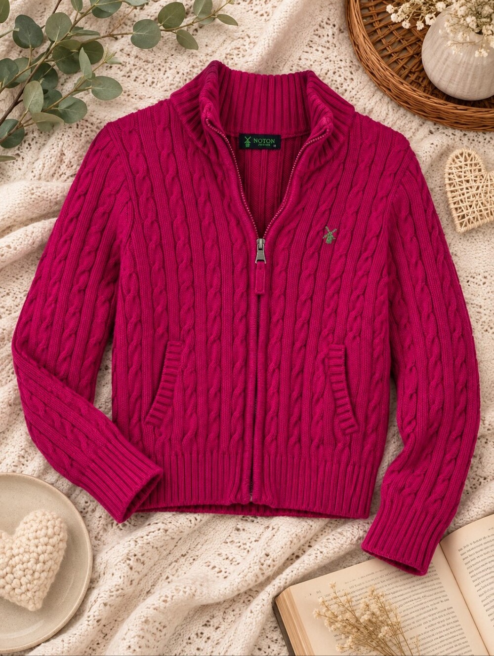 Noton Junior Pink Cable Knit Zip Cardigan Sweater Size 11 US Small
